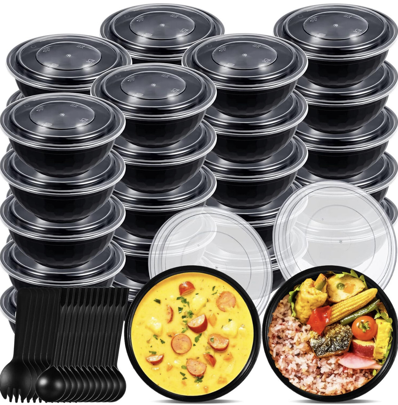 Reusable Food Storage Containers with Lids Fork Spoon Microwave Dishwasher Safe 35 OZ 100 Pack