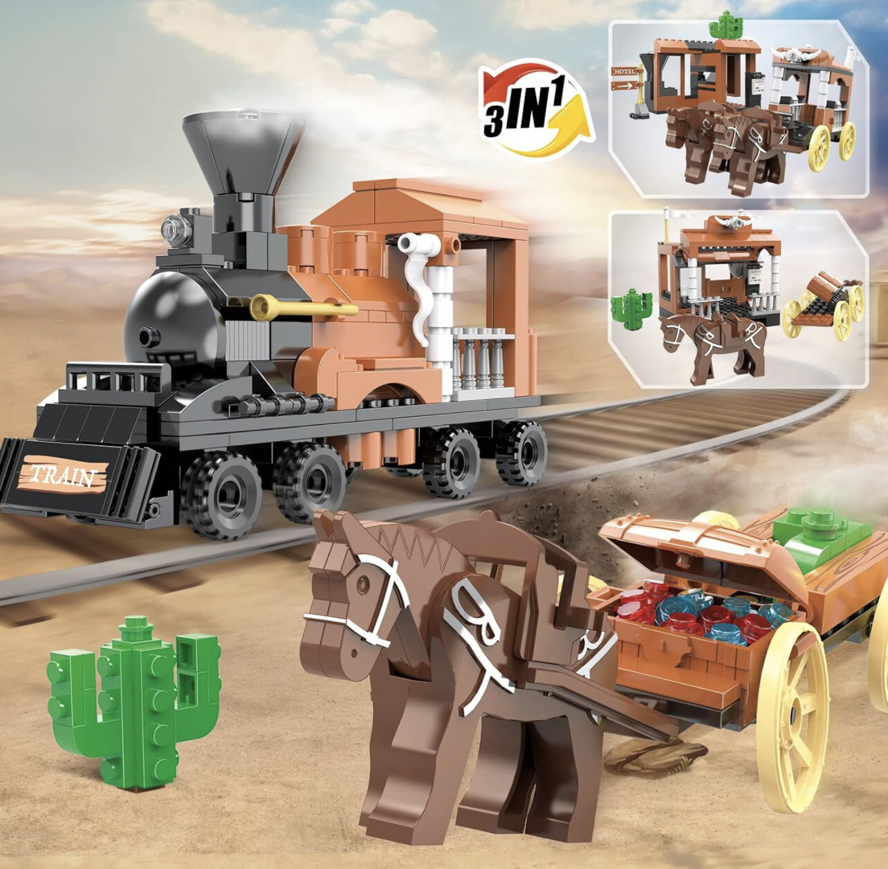 HSANHE STEM 3 in1 Train Horse Carriage Building Kits Compatible with Lego(212 PCS)