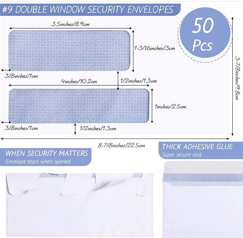 Double Window Security Envelopes 50 Pcs #9
