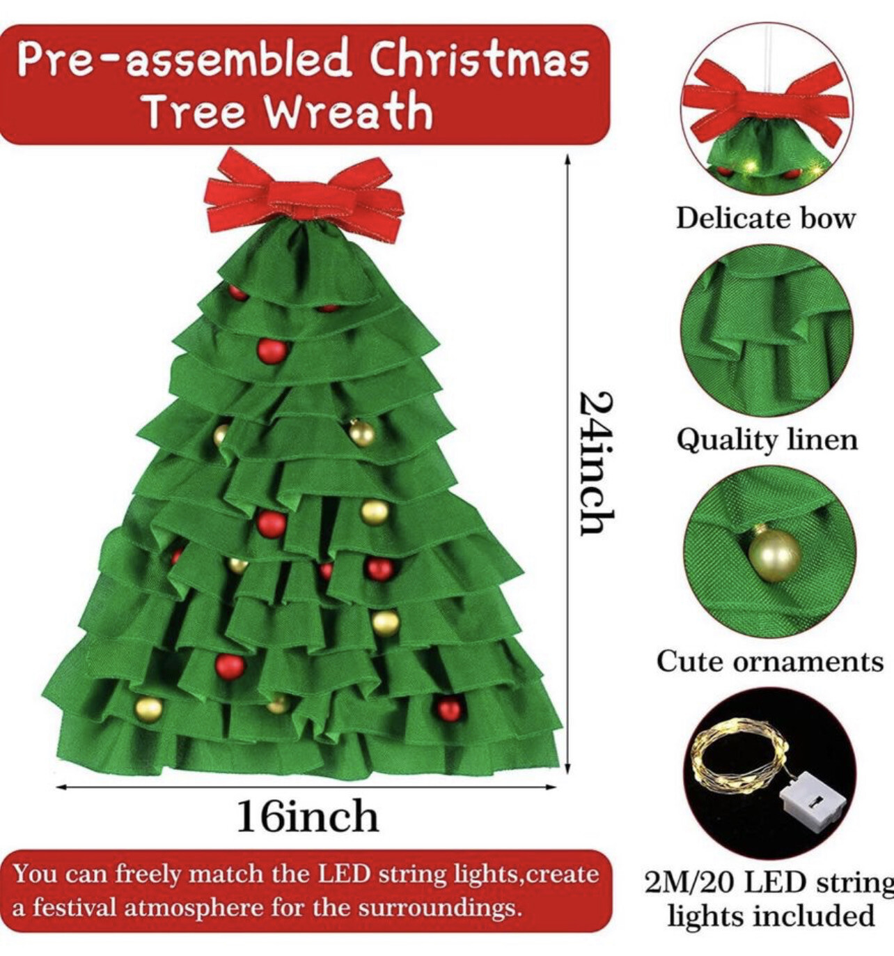 Christmas Tree Wreath Triangle Christmas Wreath with LED Lights 24 Inches