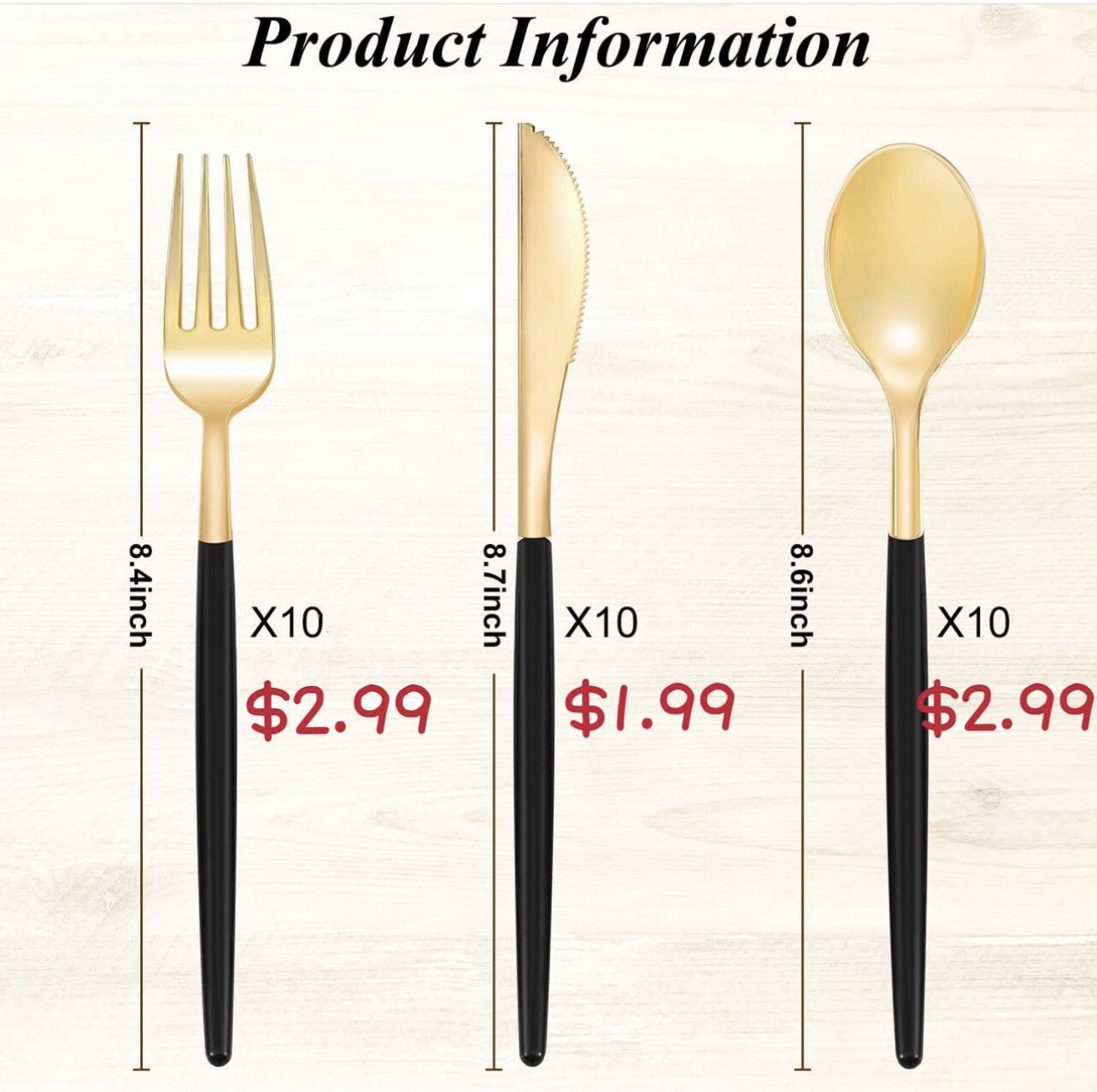 Disposable Gold Cutlery with Black Handle Forks, Knives, Spoons