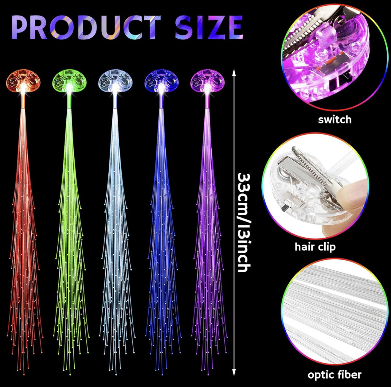 LED Light up Flash Braid Hair Barrettes Clips Glow In The Dark Multi Color