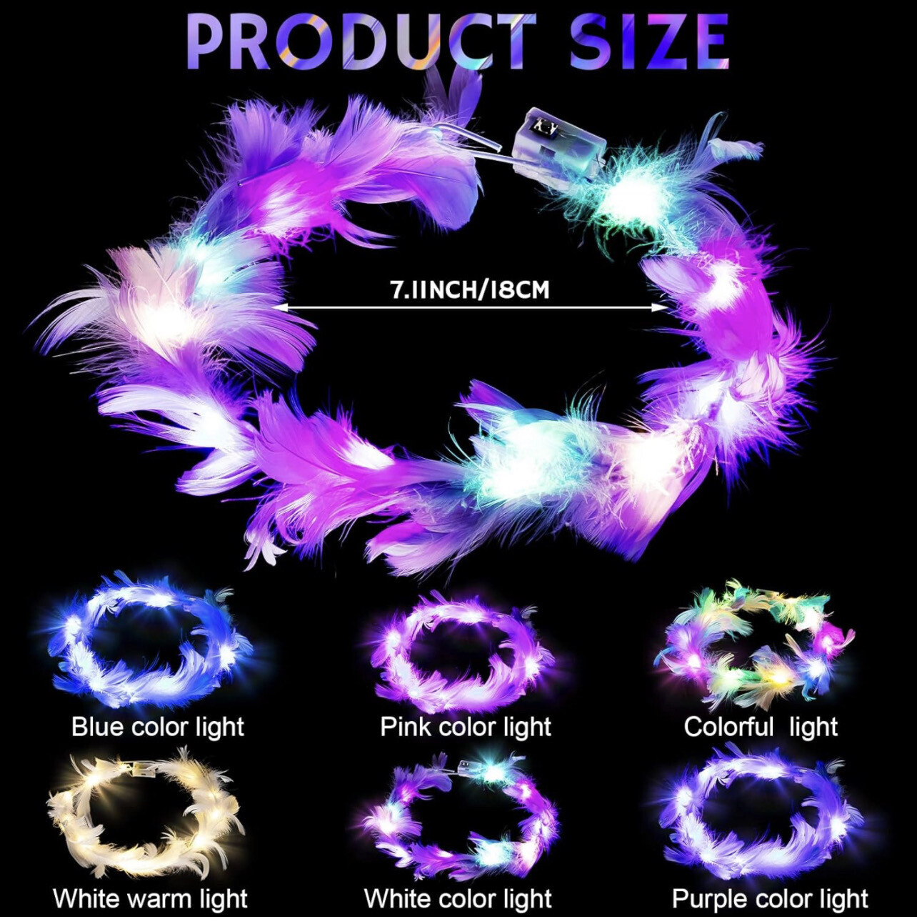 LED Feather Crown Headband Light up Multicolor Glow In The Dark