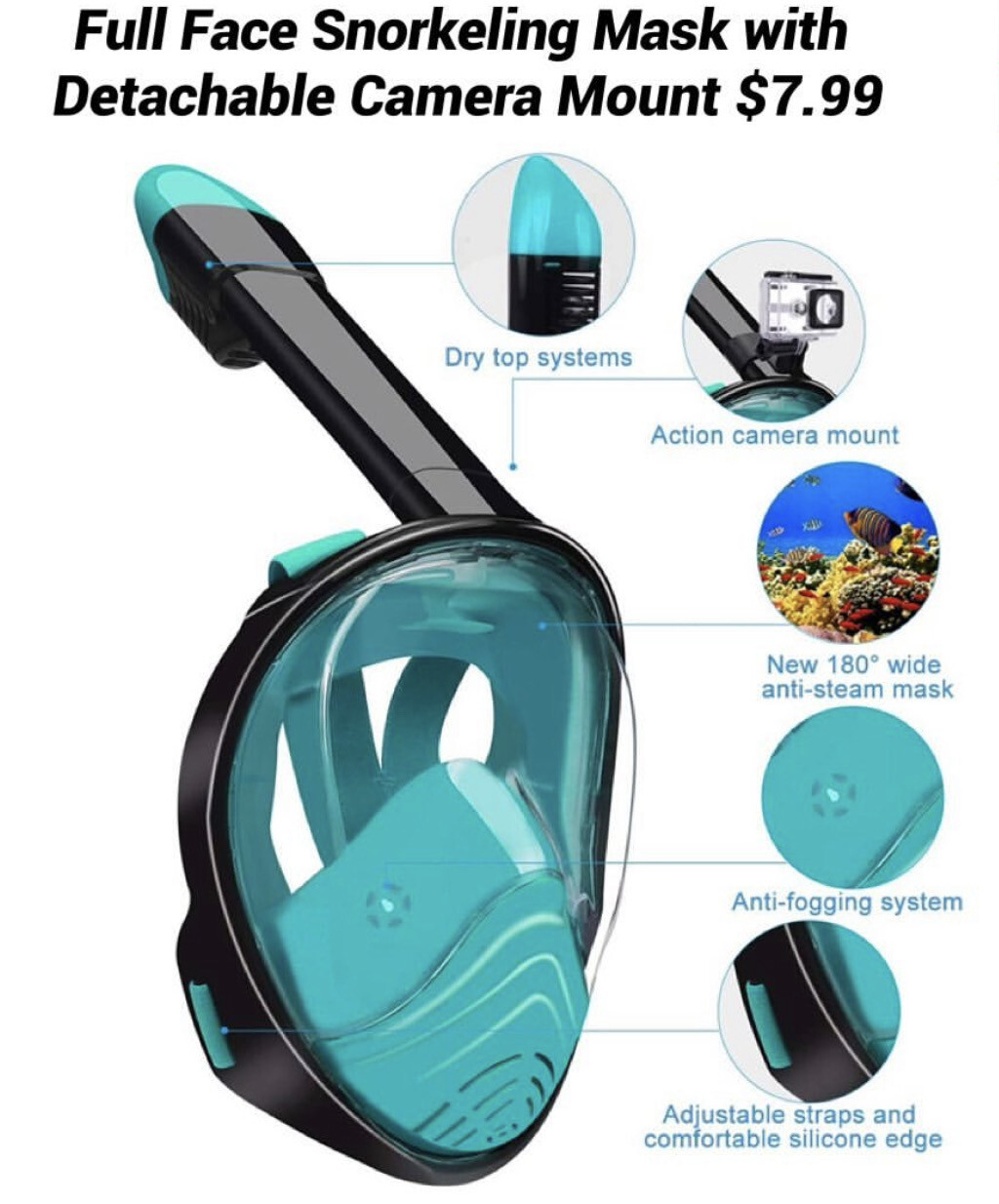 Full Face Snorkeling Mask with Detachable Camera Mount