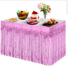 Pink Metallic Foil Fringe Table Skirt for Rectangle Tables Tinsel Disposable 29 x 108 Inch