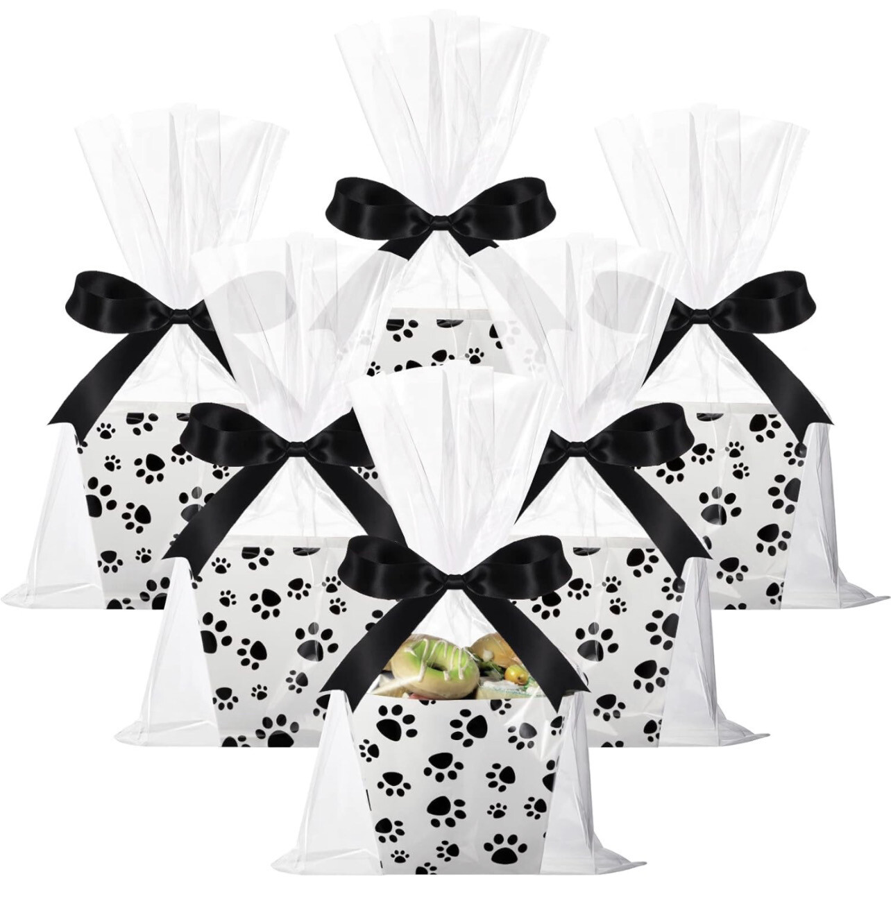 Treat Boxes Open-Top Popcorn Favor Boxes Candy Paper Containers with 24 Pcs Clear Gift Bags and 1 Roll Ribbon