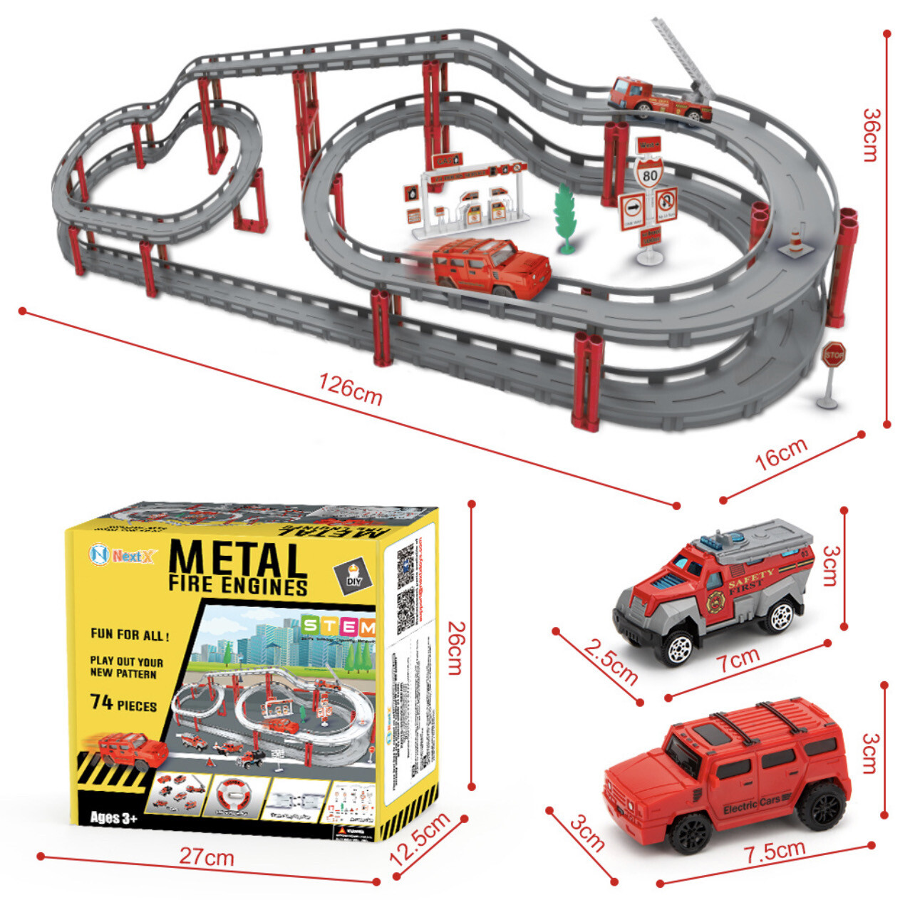 Next Metal Fire Engines Race Track Toys STEM Building City Fire Play set 74 Pcs