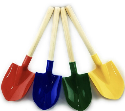 Wooden Mini Sand Shovels for Kids with Plastic Spade (Red, Blue, Green &amp; Yellow) Complete Gift Set Party Bundle - 4 Pack