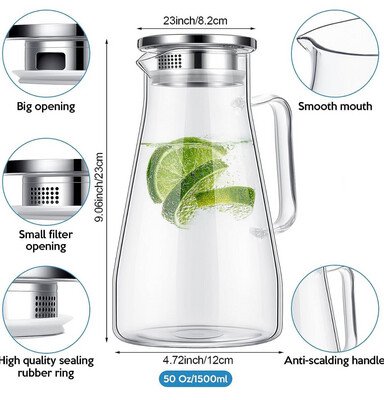 Glass Pitcher Water Pitcher Fridge with Lid and Handle Carafes 50 Oz