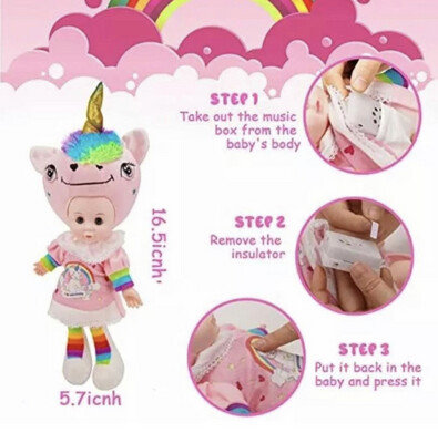 Lifelike Unicorn Baby Doll, Soft Body Musical Baby Dolls with Open/Close 16&quot;