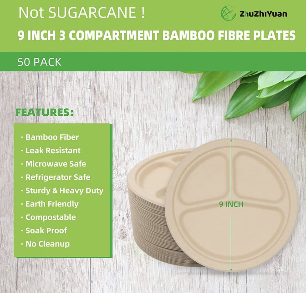 ZhuzhiYuan Compostable Disposable Plates [50 PACK], 9 Inch 3-Compartment