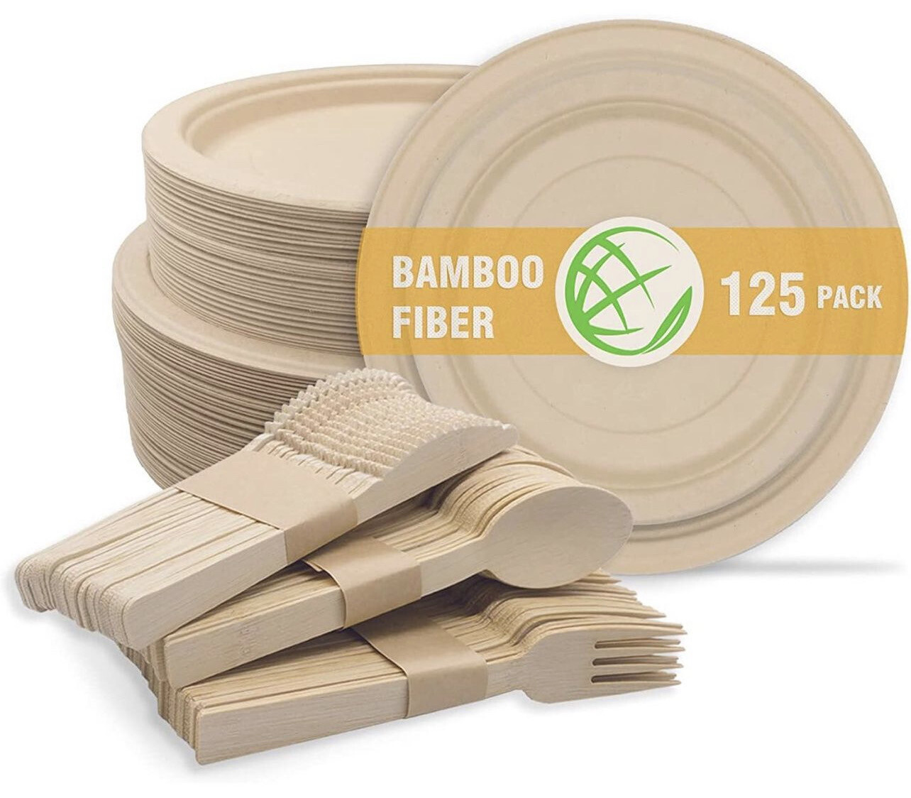 ZhuzhiYuan Compostable Disposable Plates Set, 125 PCS Bamboo Fiber Dinnerware Set