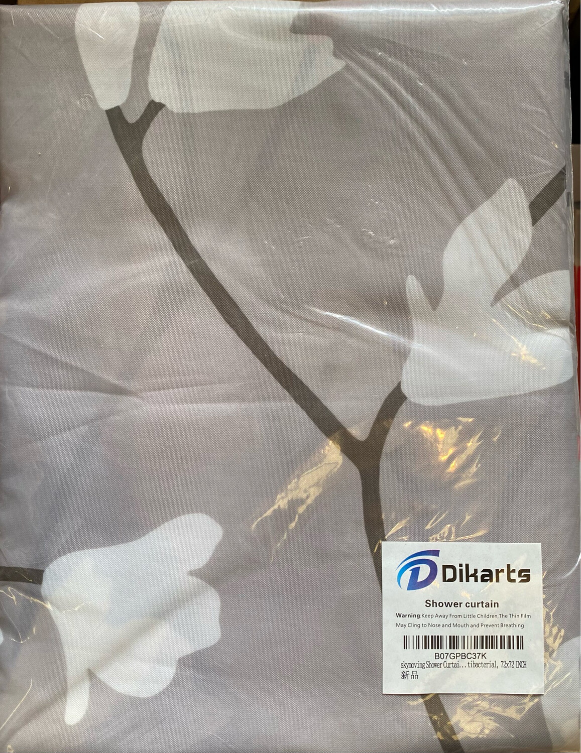 Shower Curtain Fabric Grey Flowers with Hooks Bath Curtain Waterproof, 72x72 INCH