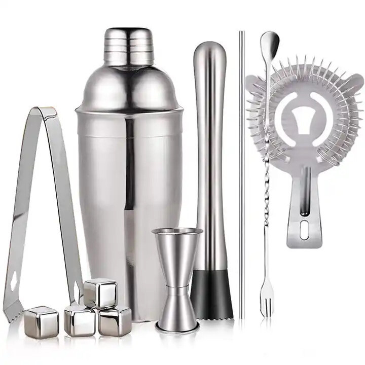 11 Pieces Bartender Kit Silver Cocktail Shaker Making Set with Muddler Jigger Stainless Steel Bar Tools Set
