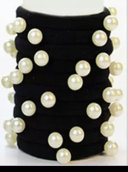 Hair Tie Black w/ White Pearl 10pcs Set