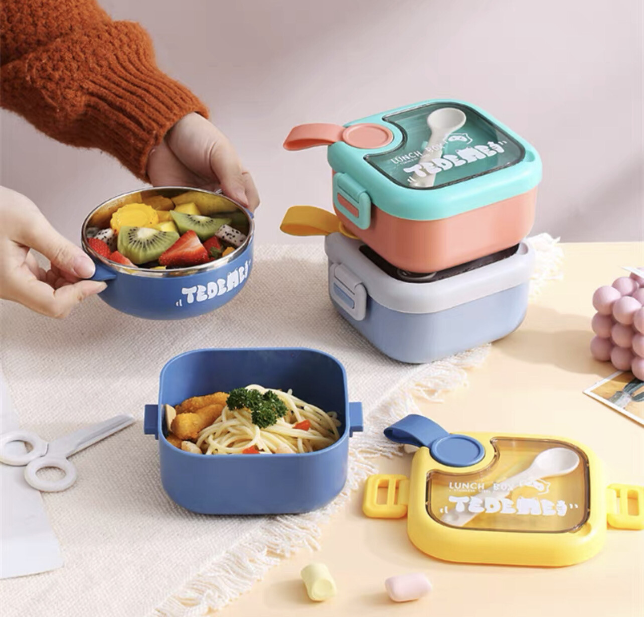 Lunch Bento Box, 25.36oz Food Grade Insulated Cute Lunch Box With Tableware And Lid