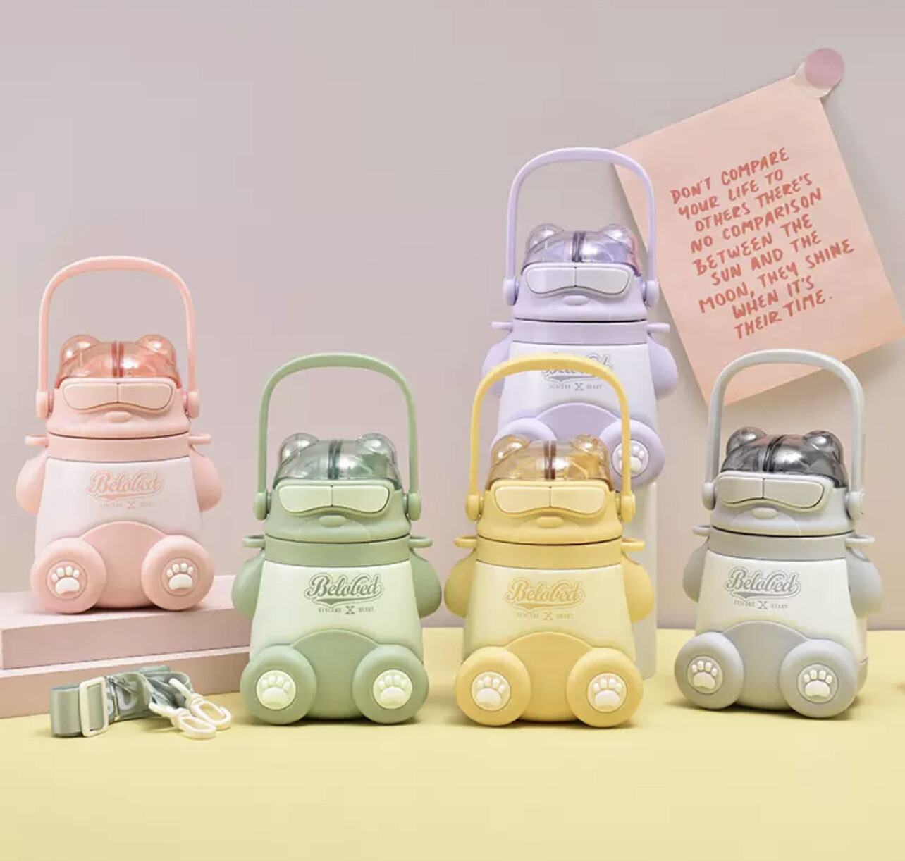 Trendy New Water Bottle Portable Cute Cup With Strap And Straw, Cute Cartoon Bear Water Bottle 550ml/18.5oz