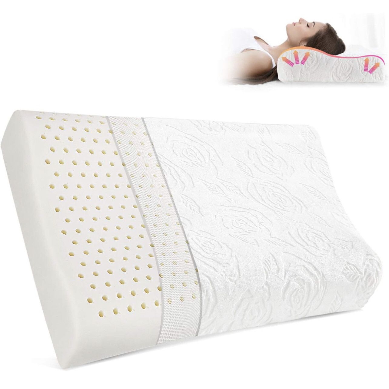 MEMO&#39;S Cervical Latex Pillow for Neck Pain, Contour Pillows for Sleeping, Ergonomic Orthopedic Pillow with Luxury Washable Pillowcase, Neck Support Pillow for Side Sleepers, Back/Belly Sleepers