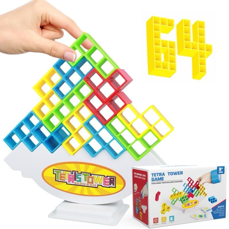 Tetra Tower Game for Adult &amp; Kids, 2024 Stack Attack Games for Family Travel Party, Tetra Tower Balancing Stacking Blocks Board Games for 2+ Players 64 PCS