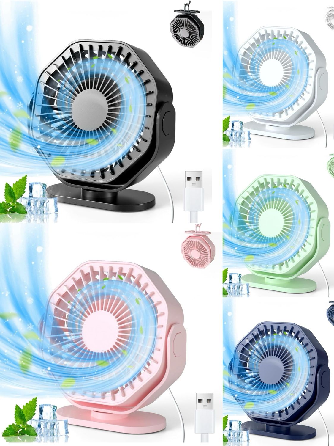 USB Desk Fan,USB Fan with 3 Speed, 5 Inches Quiet Portable Desktop Fan, 360° Rotatable Mini Table Fan with Hang Hook, USB Personal Fan for Bedroom Home Office Travel Summer Gift-USB Powered