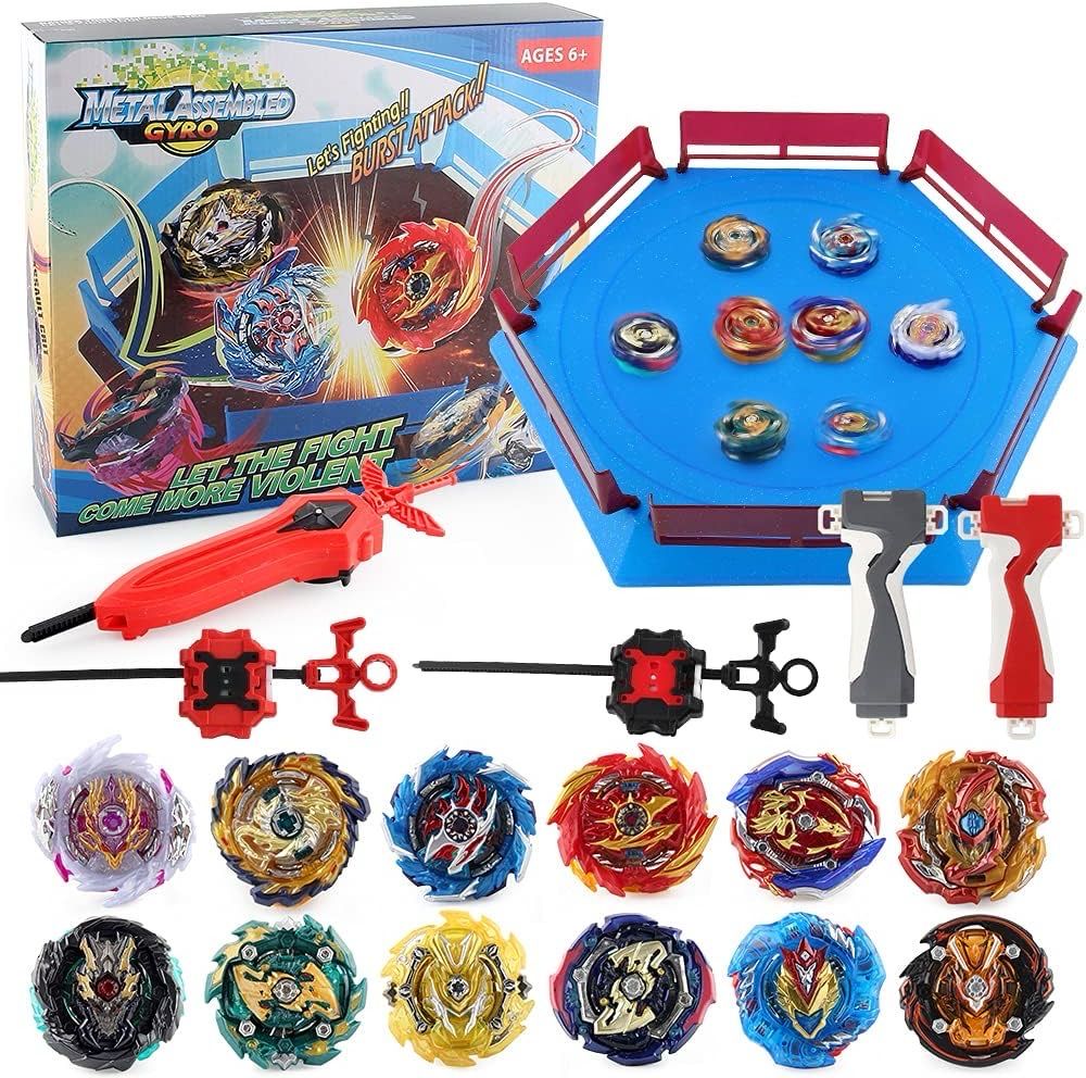 Metal Assembled Gyro JIMI Bey Battling Top Stadium Battle Set, 12 Burst Spinning Tops 3 Launchers Grip 1 Arena Combat Game, Toy Gift for Kids Boys Ages 6