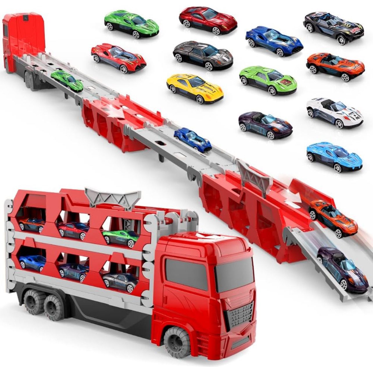 Folding Race Car Hauler Truck Toy for Kids, Mega Carrier Cars Transporter with Folding Storage &amp; Convertible