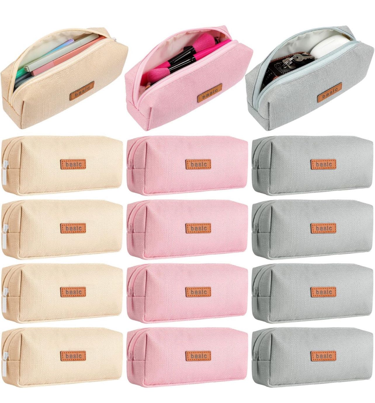 Small Pencil Pouch Soft Student Cotton Linen Case  Student Stationery Pencil Pouch with Zipper in 3 Colors Beige Grey Pink for Office Storage