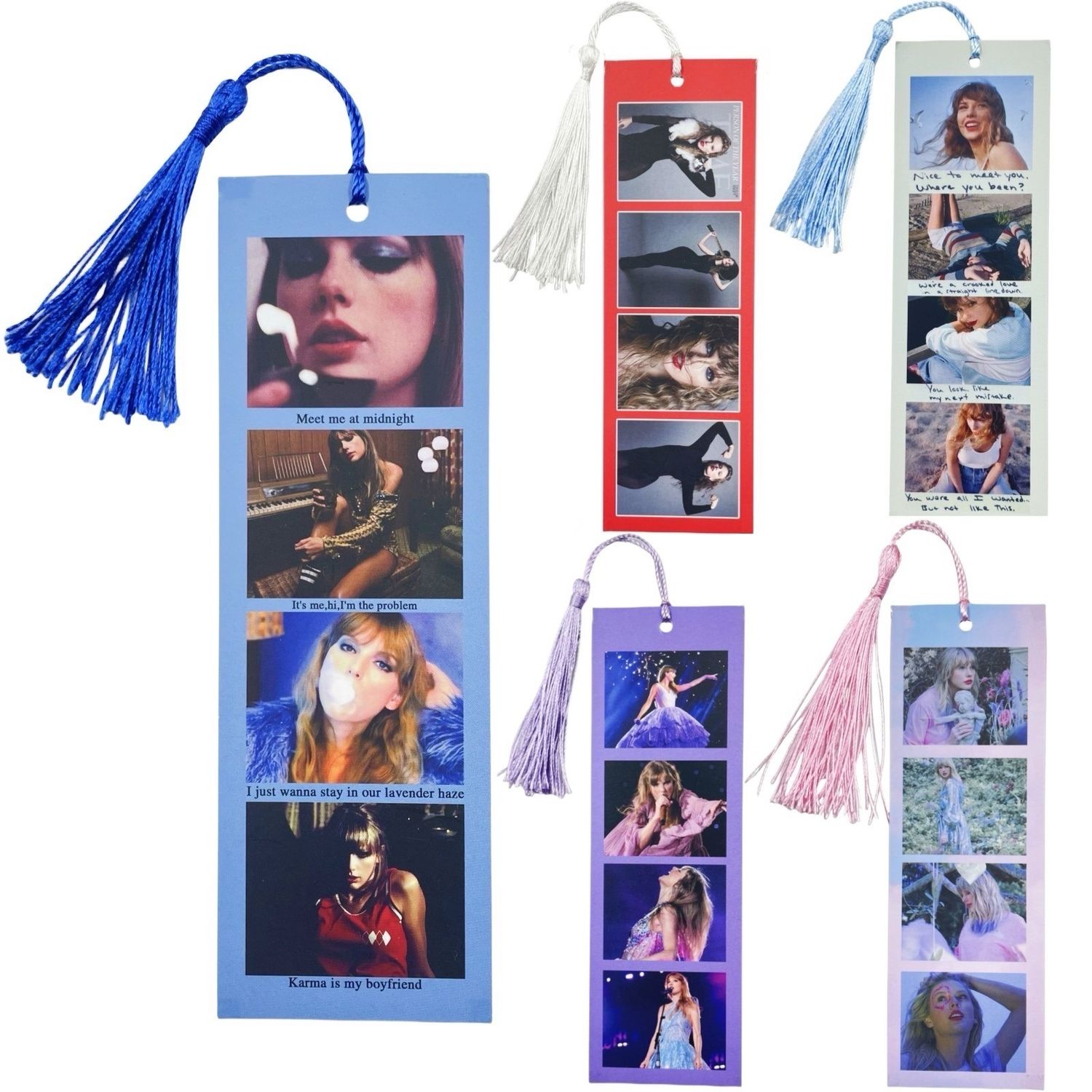 Bookmarks with Tassel 5PCS for Fans T-S Inspired Singer Merch Album Lover 1989 Midnights ERAS Tour Themed Bookish Gifts Cute Book Accessories for Reading Lovers 2x6in