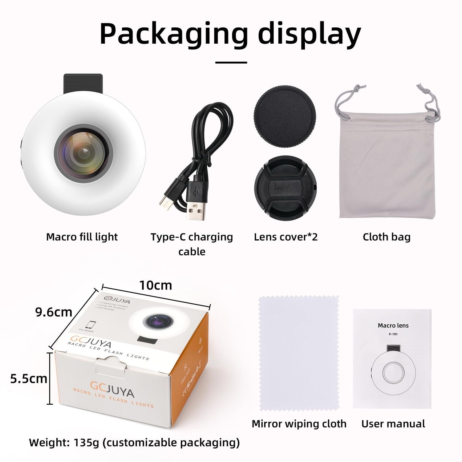 GCJUYA Macro LED Flash Lights Lens for iPhone and Android with Mini Clip Ring Light, Portable Rechargeable Dimming, for Smart Phone Photography, Camera Video Recording 37mm