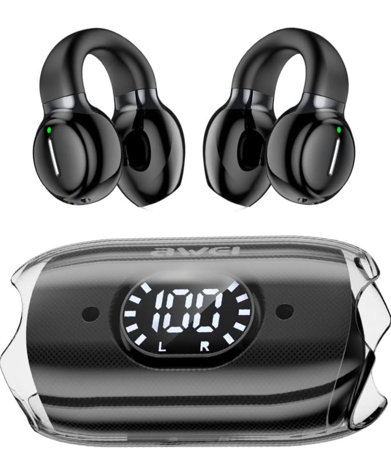 Wilysaw TZ7 OWS Open Ear Clip Headphones, Wireless Bluetooth 5.3 Headphones Air Conduction LED Display Charging Case Android&amp;iPhone - Black