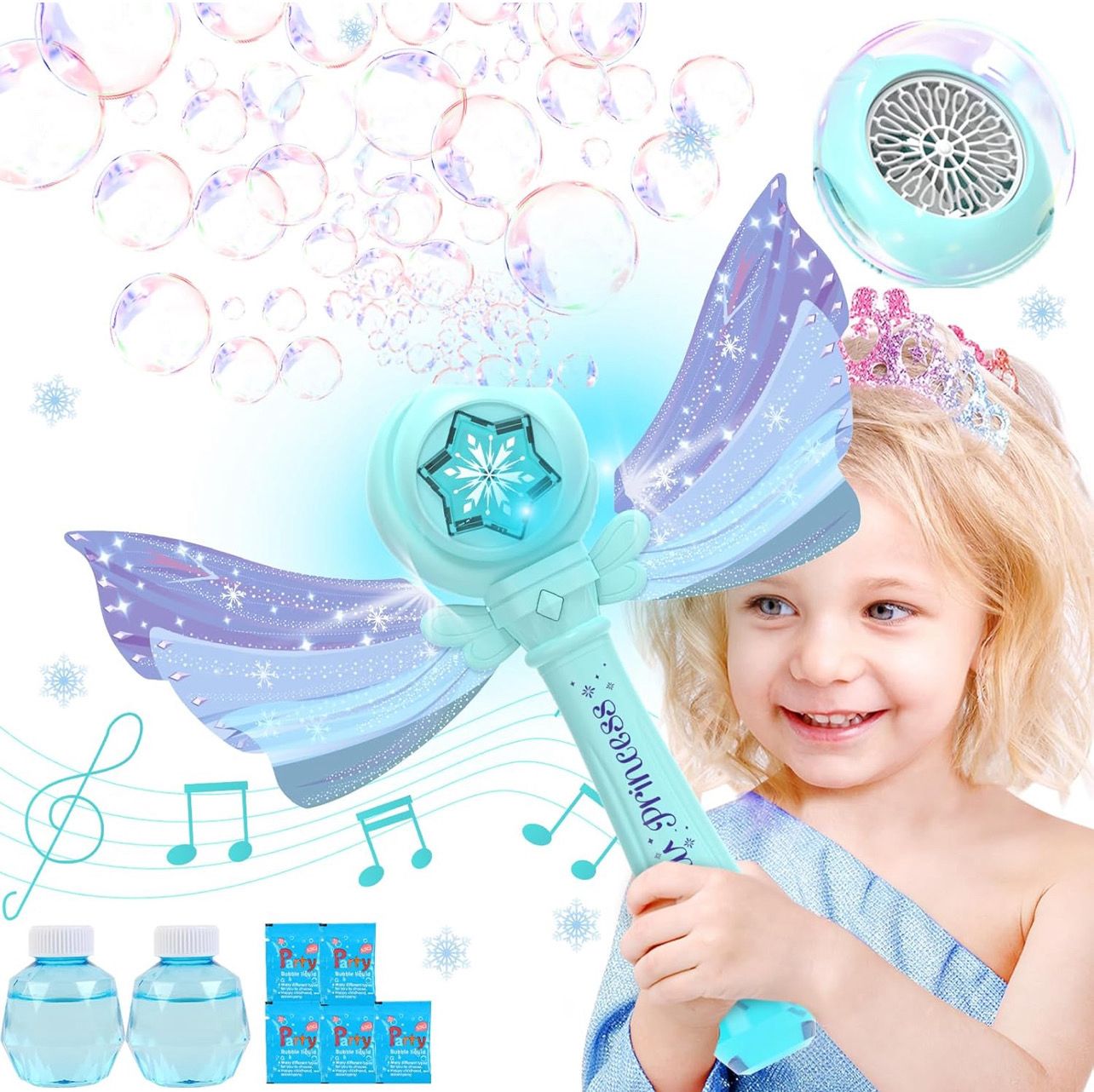 Princess WINDMILL WAND Bubble Wands Machine for Kids Girls - LED Light &amp; Music Bubble Gun Maker for Toddlers