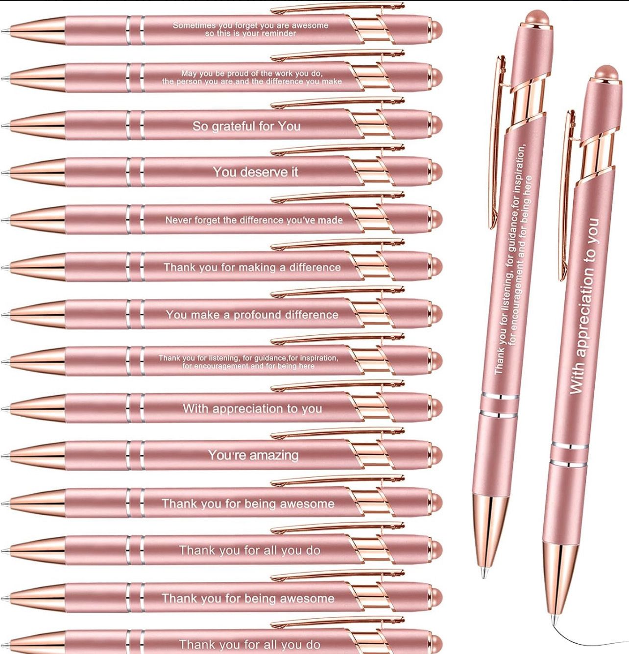 Appreciation Pens with Stylus Tip, Inspirational Metal Black Ink Screen Touch (Rose Gold)