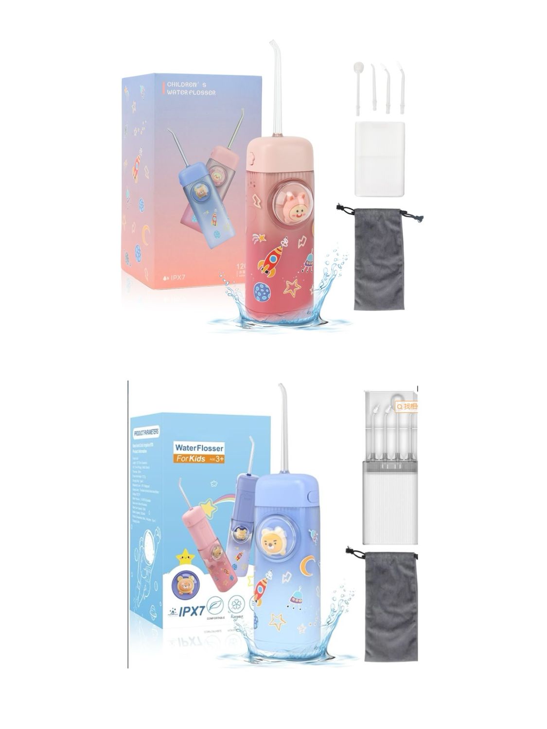 Kids Water Flosser,Portable Water Flosser Cordless for Teeth Cleaning, Professional IPX7 Waterproof Water Teeth Cleaner 2 Modes with 4 Replaceable Nozzles (Blue Pink)
