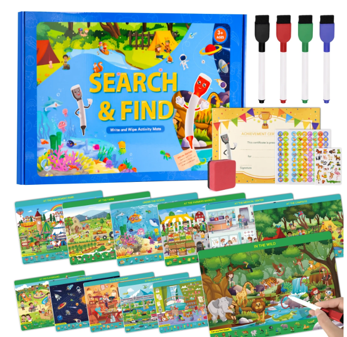 Search and Find Book for Kids Montessori Educational Toys, Preschool Learning Activities Travel Write And Wipe Activity Mats