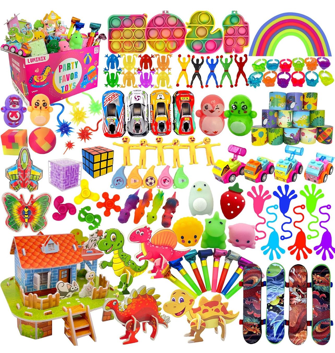 Luminix 128 PCS Party Favors for Kids 3-5 4-8-12，Carnival Prizes，Fidget toys pinata filler，Goodie Bag Stuffers，Prize box，Pinata stuffers，Pack treasure box toys for classroom，Fidget Toys Bulk