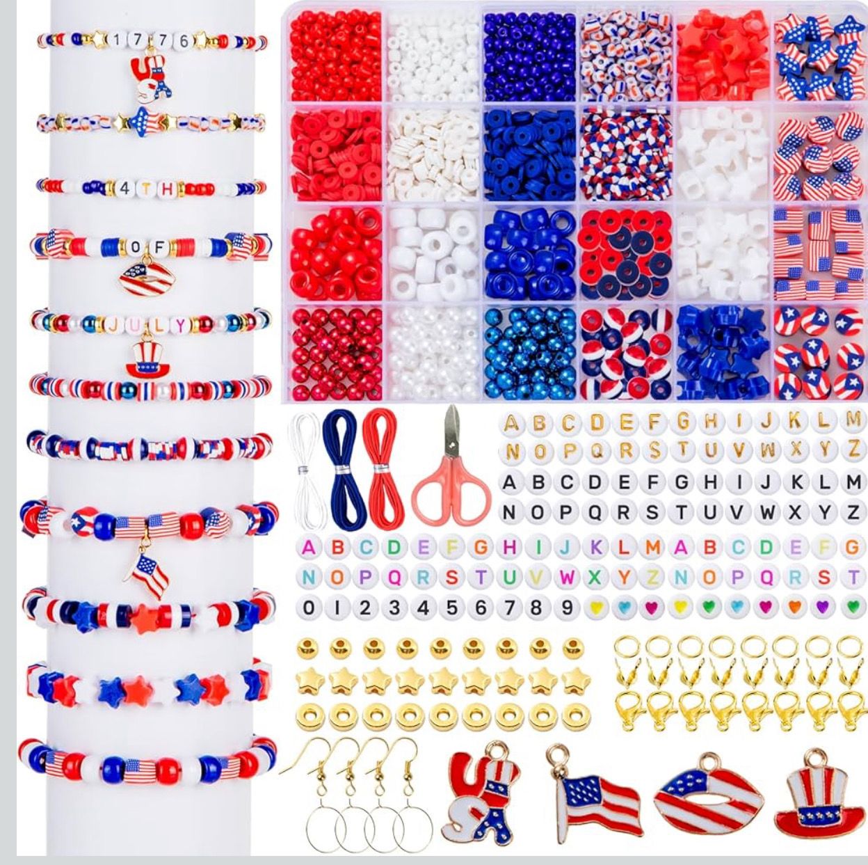 DIY 1578Pcs 4th of July Red White Blue Beads Bracelet Making Kit with Clay Seed Plastic Pony Pearl Beads