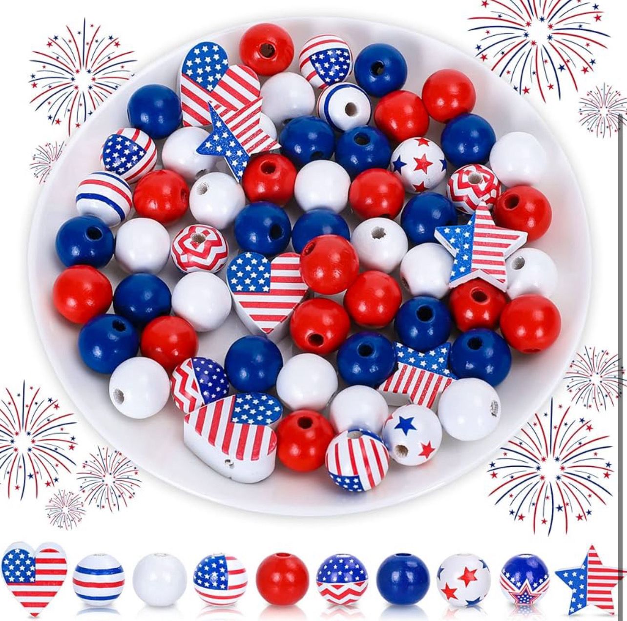 Wood Beads Red Blue White Round Star Heart Shape Craft Beads with Holes 4th of July Wooden Beads for Independence Memorial Day Jewelry Garland Making DIY Home Party Decor