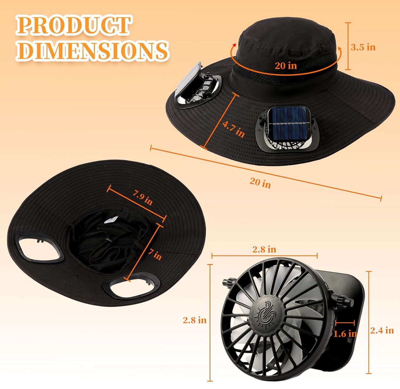 Solar Powered Fan Hat with 2 Removable Fans Wide Brim Sun Hat for Outdoor Fishing, Hiking Gardening, USB Solar Charging