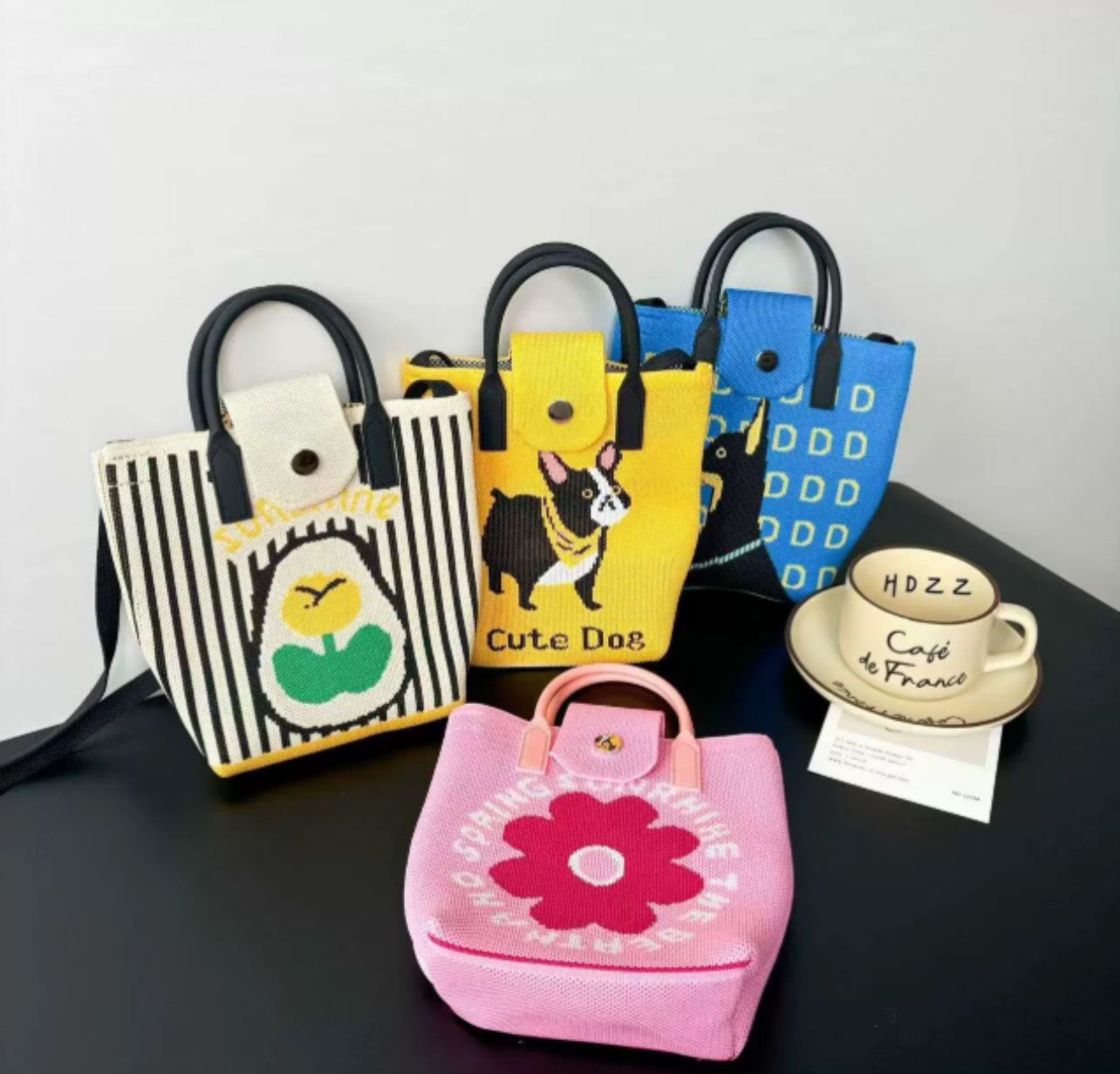 Tote Small Knitted Cute Dog/Floral Print Crossbody Bag Purse Casual Traveling Day Out Bag