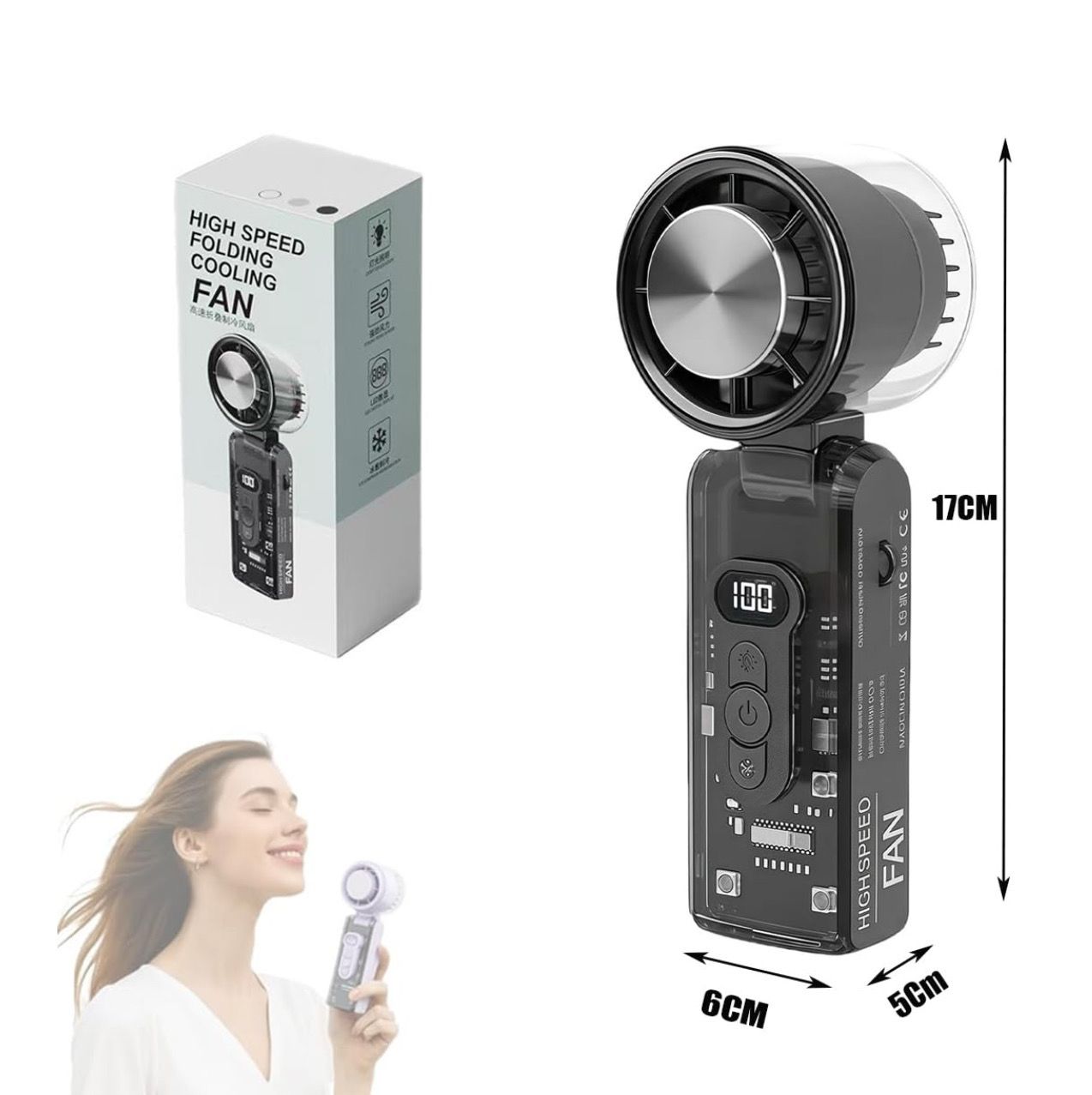 High Speed Folding Cooling FAN Handheld Fan with Instant Cooling Plate &amp; LED Light, Portable Handheld Turbo Fan, 5 Speed Battery Rechargeable Foldable 3 in 1