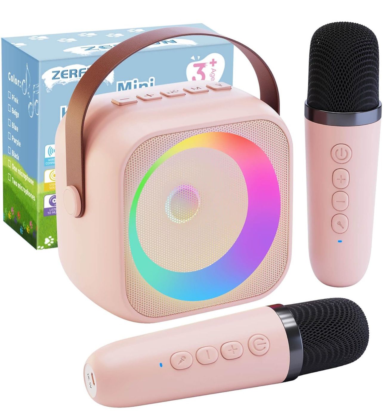 Mini Karaoke Machine for Kids Adults, Portable Karaoke Machine,Bluetooth Speaker with Dual Wireless Microphones and LED Lights