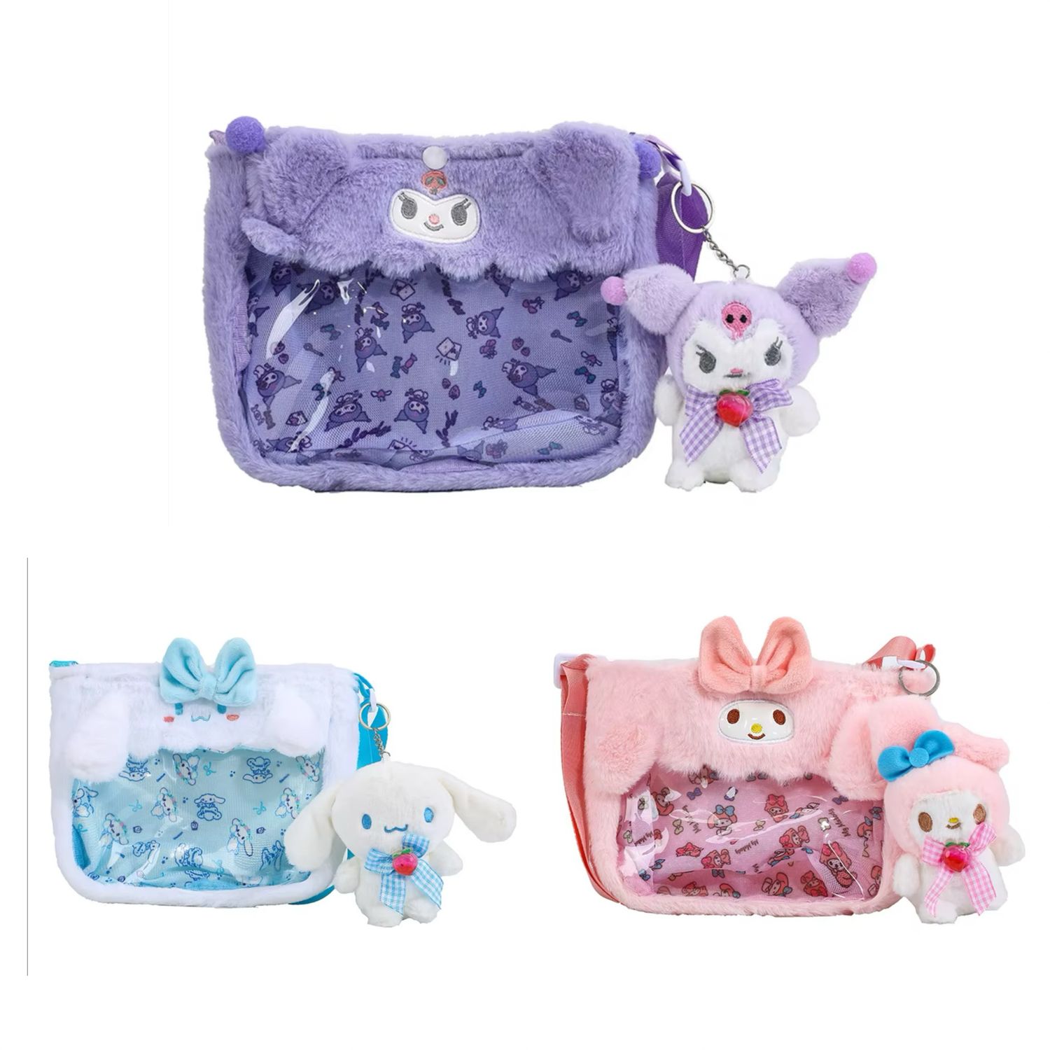 Cute Plush Animerio Handbag, Colored Shoulder Bag With Clip Crossbody With Keychain Doll