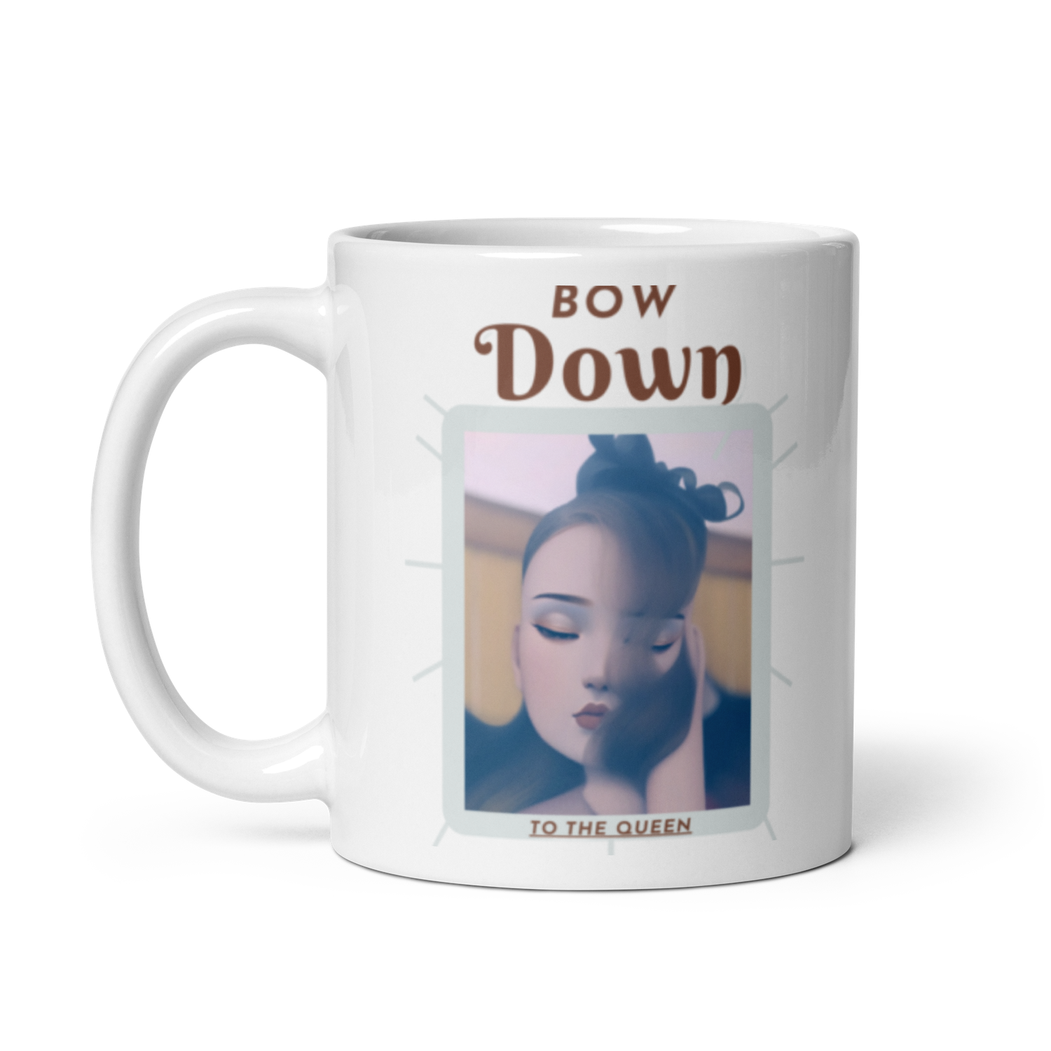 White glossy Bow Down mug