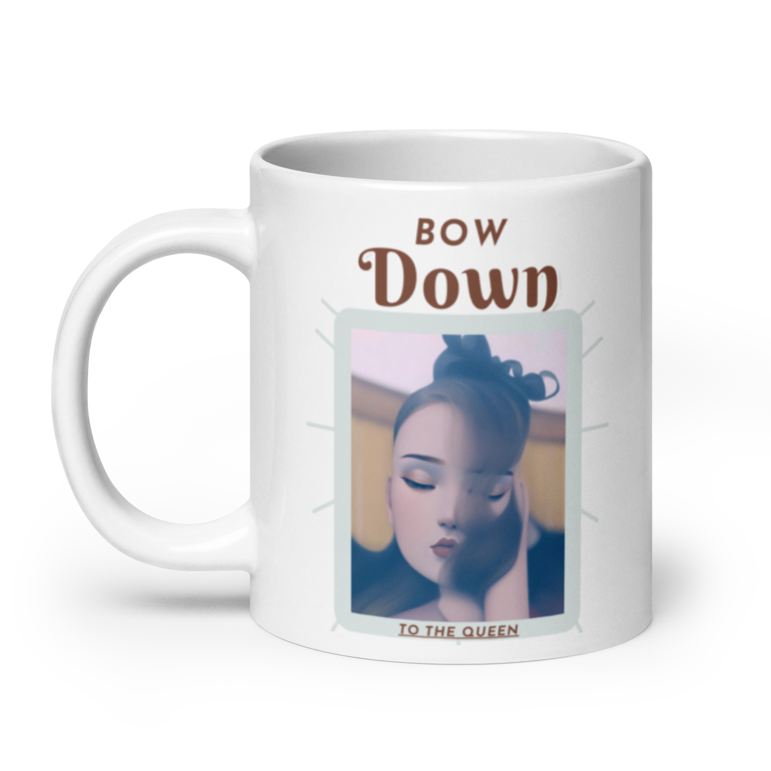 White glossy Bow Down mug