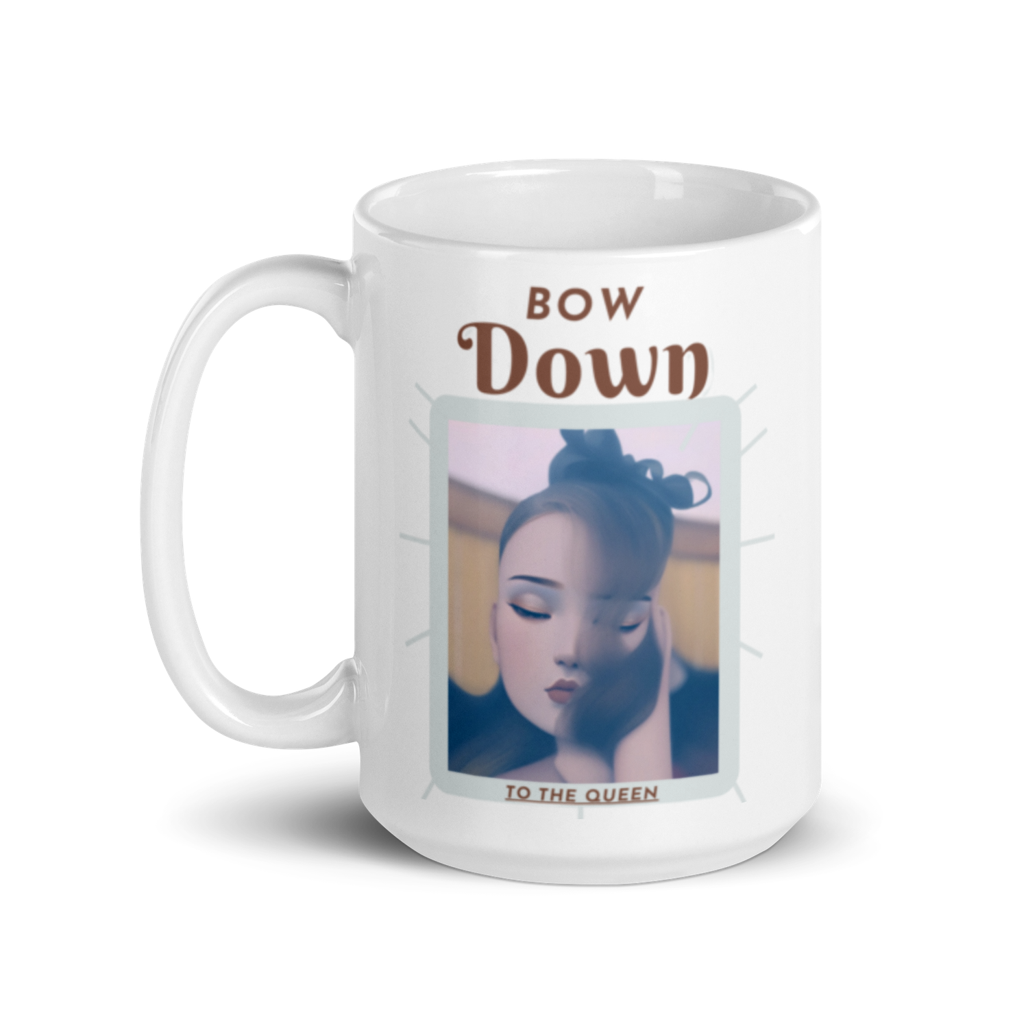 White glossy Bow Down mug