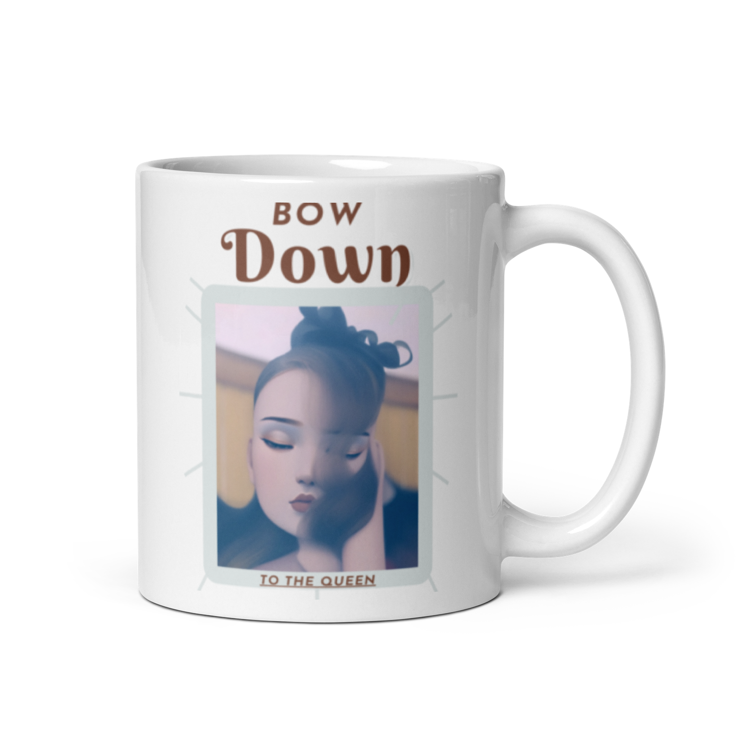 White glossy Bow Down mug