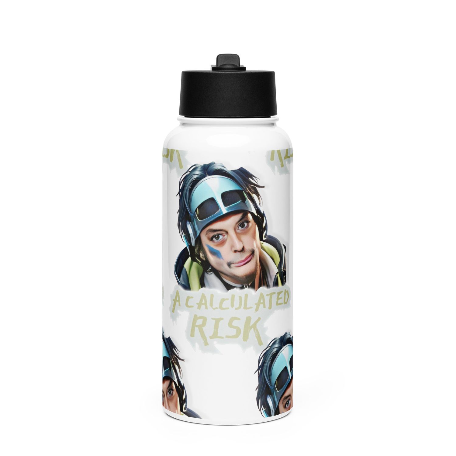 Calculated Risk bottle with a straw lid