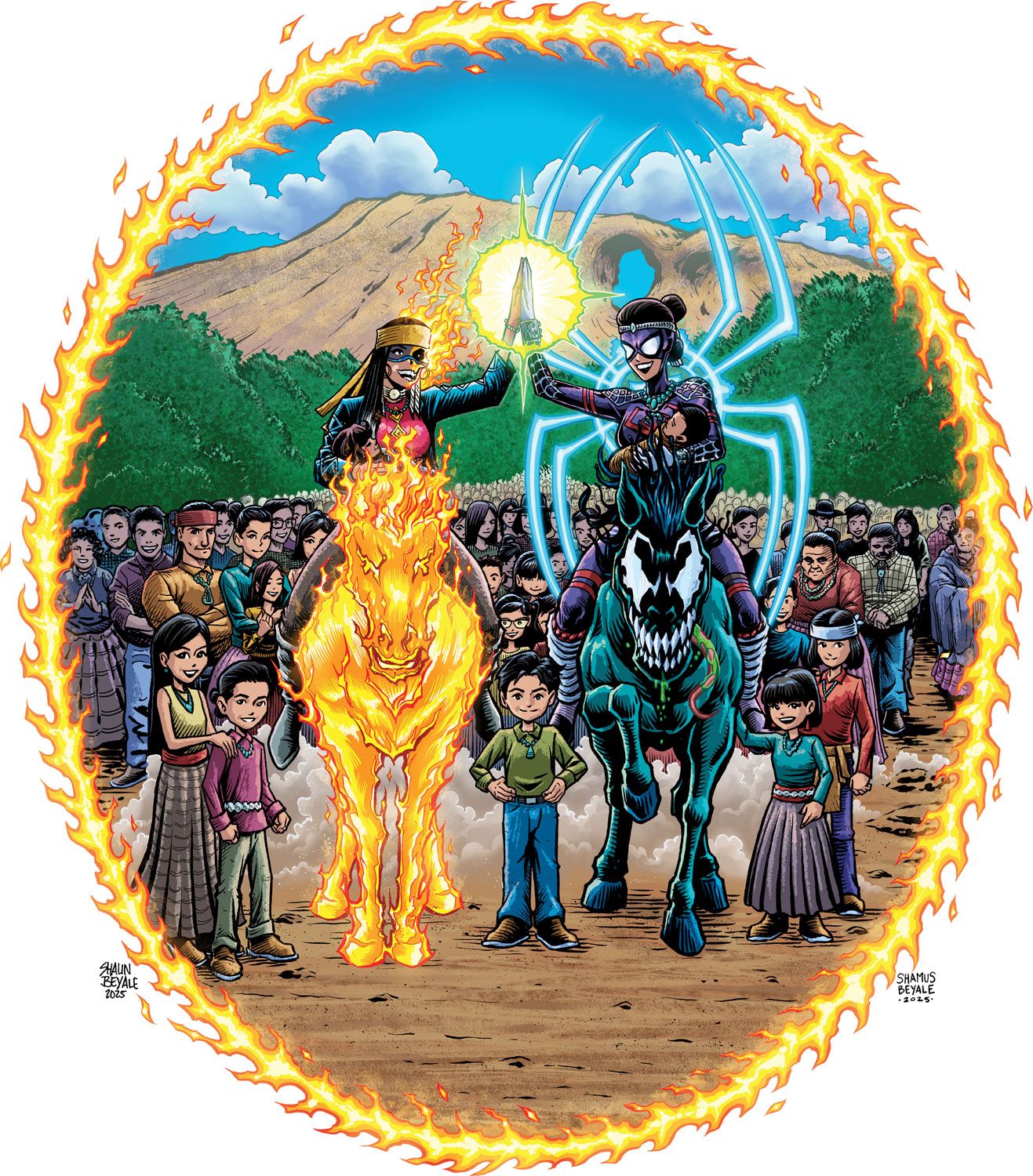 Spirit Rider and Spider-Weaver Rescuing Indigenous Peoples Enslaved In The San Luis Valley of Colorado (Full Black and White/Color)