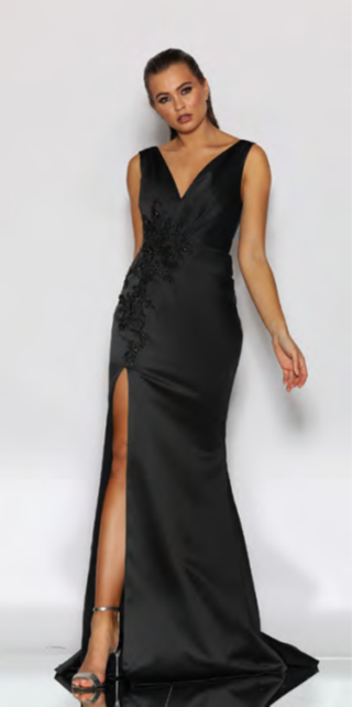 Jadore | JX2096 Satin Fitted Gown - Black - Size 14