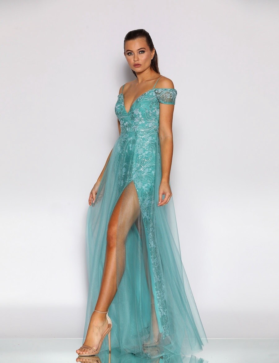 Jadore | JX2072 Off Shoulder Lace Gown - Turquoise - Size 8, Size: 8, Colour: Turquoise